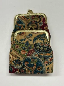 Vintage Tan Blue Red Floral Paisley Double Coin Purse Wallet Retro Vinyl Lined - Picture 1 of 5