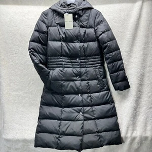 NWT COLE HAAN Black Down Puffer Hooded Coat Jacket XS Long Parka Winter Quilted - Picture 1 of 12