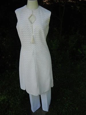 1970's mod hippie ivory zigzag crochet knit two piece dress and pants union tag  - Image 1 of 4