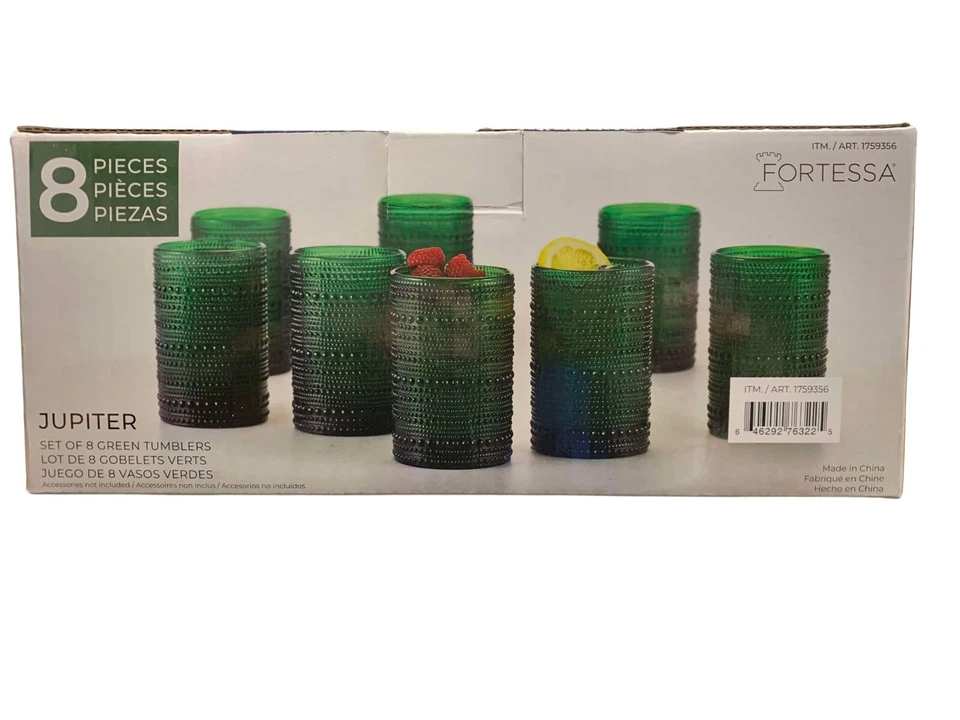 Vasos de vidrio Fortessa Jupiter con cuentas verdes texturizados 13 onzas cada uno 8 piezas Foto 1 de 4