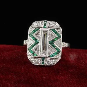 Antique Art Deco Cartier Old Baguette Diamond and Emerald Cocktail Ring - Picture 1 of 9