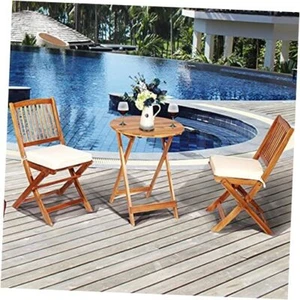 3 Pieces Folding Acacia Wood Bistro Set, Patio Furniture Set with Cushions & - Picture 1 of 8