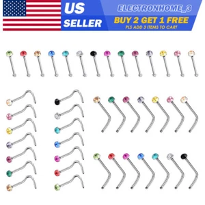 14pcs Surgical Steel Nose Stud Ring L-Shape Screw Bone Studs 2MM CZ Piercing 20G - Picture 1 of 10