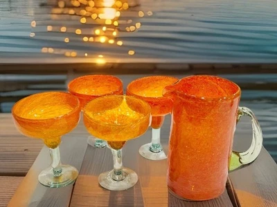 Caja y barril Calypso naranja Margarita vasos y jarra soplados a mano ~Juego de 5 Foto 1 de 4