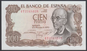 Spain 100  Pesetas  17-11-1970  AU-UNC   P. 152,   Banknotes, Uncirculated - Picture 1 of 2