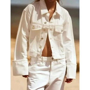 NEW ZARA White Contrast Topstitching Denim Jacket Turn-up Sleeves XS Boho Beachy - Picture 1 of 11