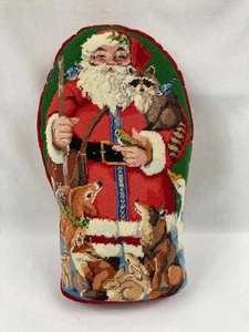 Vintage Finished Bucilla Santa with Friends Needlepoint Pillow 16 "x 9 1/2" x 5" - Picture 1 of 7