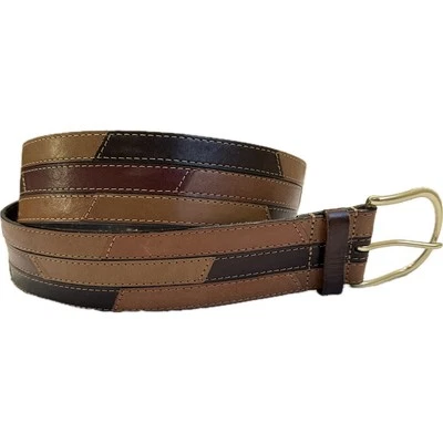 Linea Pelle Multi Brown Leather Patchwork Color Block Belt Gold Buckle Women L - Image 1 of 4