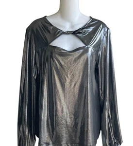 Marc New York Top Liquid Metallic Silver Long Sleeves Shimmery Cut Out Woman's L - Picture 1 of 4
