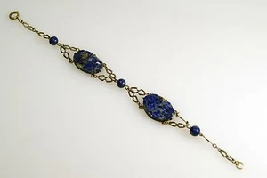 Art Deco Floral Carved Pierced Lapis Lazuli Gilded Gilt Sterling Silver Bracelet - Picture 1 of 8