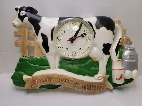Vintage Kirch Kitchen Plastic Wall Clock Cow Home Sweet Home Country Milk Farm Cover