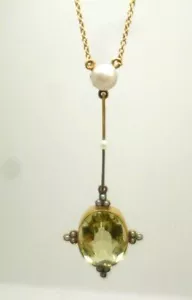 9ct yellow gold citrine and split pearl pendant with 17" belcher chain. - Picture 1 of 7