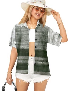 HAPPY BAY Hawaiian Shirts Womens Casual Summer Button S Stripes, Grey - Picture 1 of 3
