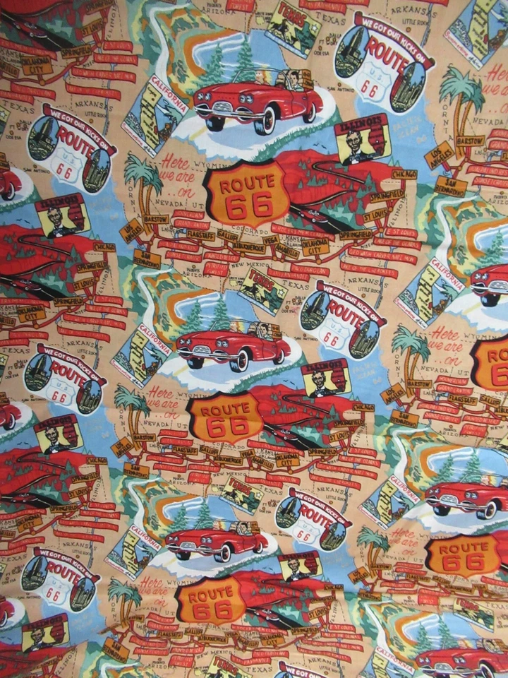 ROUTE 66 COLLAGE  USA ROAD  MAP  COTTON FABRIC VERY COLORFUL   SZ 1 1/2 YDSX41" - Image 1 of 4