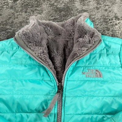 Chaqueta North Face Niñas Grande Verde Gris Reversible Mossbud Remolino Puffer Polar Foto 1 de 4