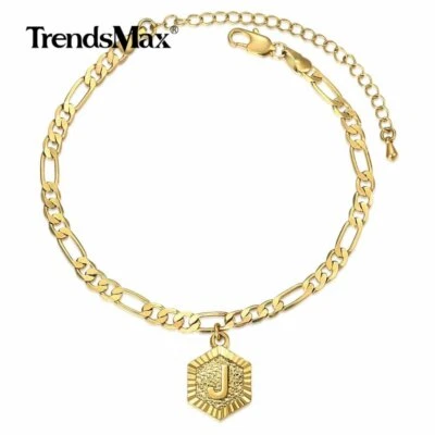 Gold Plated Initial Anklet Bracelet Stainless Steel Hex/Round A-Z Figaro Chain - Image 1 of 4