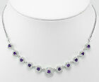 13.9G Solid Sterling Silver Sparkling Amethyst & Cz Halo 16"-17" Necklace Italy