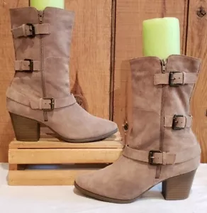 EASYSPIRIT E360 SUEDE MID CALF DUAL BUCKLES ZIP SIDE CAMEL WOMEN SZ 11 M - Picture 1 of 7
