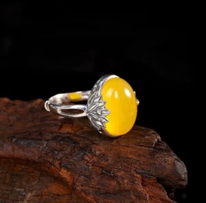 Anillo de loto de plata esterlina pura S925 amarillo natural jade afortunado para hombres y mujeres - Imagen 1 de 5