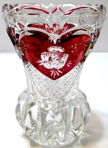 Vintage Enesco Lead Crystal Glass Vase Cranberry Pink Red Hearts Roses 4" Tall - Picture 1 of 6