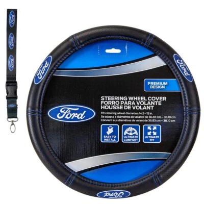 New ELITE FORD LOGO BLACK BLUE STEERING WHEEL COVER AND KEYCHAIN LANYARD Foto 1 de 4