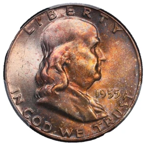 1955 Franklin Silver Half Dollar PCGS MS-65 FBL End Roll Album Toned Toning - Bild 1 von 7