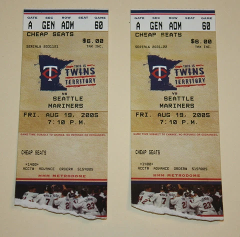 Minnesota Twins Ticket Stub | August 19 2005 | Ichiro Hit Joe Mauer HR Cover