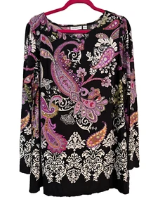 Susan Graver Travel Knit Tunic Top Black Purple Paisley Print Shirt Size 1X - Picture 1 of 7