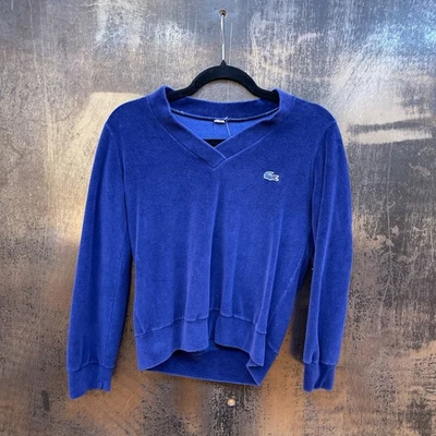 Vintage 70s LACOSTE Blue Velour V-neck Sweater Women’s Petite Size Medium AS IS - Image 1 of 4