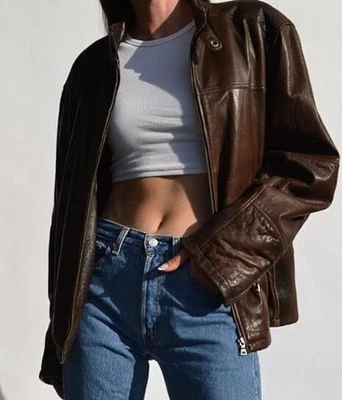 Women Oversize 90's Motorcycle Brown Vintage Style Bomber Biker Leather Jacket - Image 1 of 4
