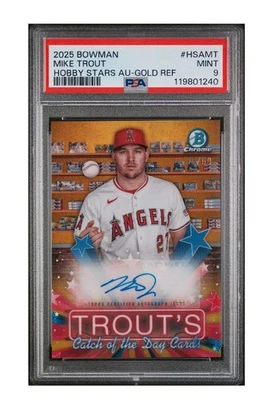 Bowman Mike Trout Hobby Stars 2025 refractor de oro automático/50 SGC 9,5 automático 10 Foto 1 de 2