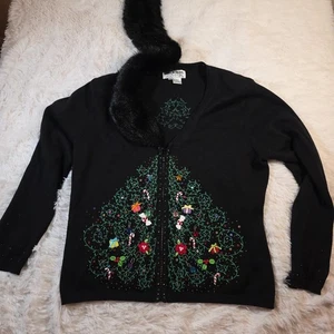 Vintage Jack B Quick Pullover Weihnachtsbaum Urlaub Pailletten Strick Kunstfell Ramie Large - Bild 1 von 14