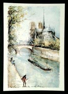Litografía postal vintage de París Notre Dame y río Sena fotocromática - Imagen 1 de 2