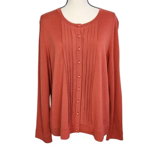 Maglione cardigan Talbots plissettato davanti manica lunga lana merino arancione bruciato 2X - Foto 1 di 15