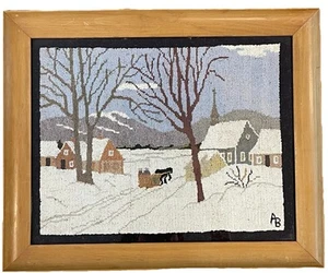 Framed VTG Hand Hooked Wool Rug Horse Carriage Village Winter Scene 15”x18” - Picture 1 of 8