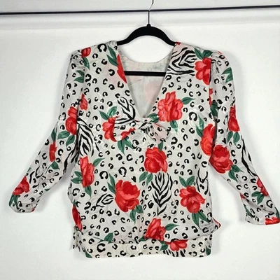 Blusa Vintage Floral Estampado Animal Mujer Mediana Corbata Frontal Manga Larga Forrada Foto 1 de 4