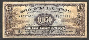 Guatemala 1941 50 centavos de quetzal ~ P-13a ~ ESCASO TIPO BONITO BILLETE DE CALIDAD - Imagen 1 de 2