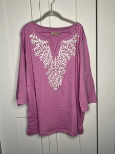 Quacker Factory NWT Coral Embroidered V Neck Tunic in Orchid women's plus 2X - Picture 1 of 8