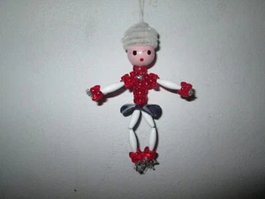 Vintage Kitsch Twisty Beaded Ice Skater Girl Christmas Ornament Wood Head Tinsel - Picture 1 of 2