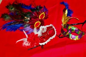 NWT 3 Mardi Gras Masquerade Face Party Mask Peacock Feather Costume - Picture 1 of 9