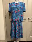 Vintage Leslie Fay Petite 2 Pc Blouse Pleated Skirt Suit Set 14P 12P Blue & Pink