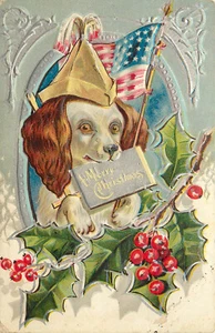 Geprägte Weihnachts-Postkarte Cocker Spaniel Hund hält amerikanische Flagge Xmas Hunde 1 - Bild 1 von 2