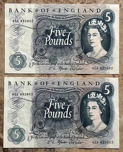 Consecutive Pair Of Fforde 1967 Five £5 Pound Notes A/Uncirculated 45A 432602/3 - Picture 1 of 2