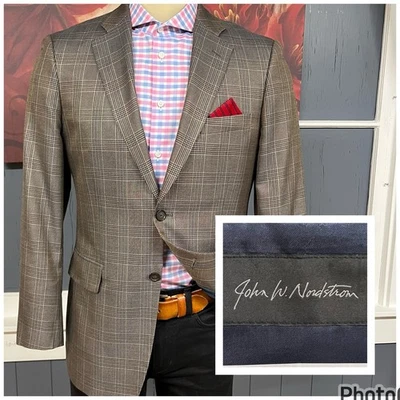 John W. Nordstrom Blazer Jacket Mens 40R Silk Wool Tan/Brown/Blue (Satin Sheen) - Image 1 of 4