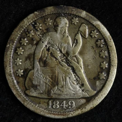 Moneda de diez centavos de plata libertad sentada 1849 fina rara E216 TWCM Foto 1 de 2