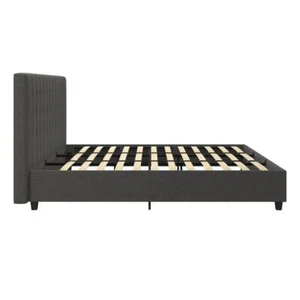 DHP Platform Bed Faux Leather Upholstered Tufted Headboard King Size Gray Linen - Picture 1 of 7