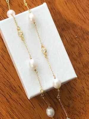 925 Sterling Silver Freshwater Pearl Bezel Cz Station Necklace 3mm 8.5mm 23" - Image 1 of 4