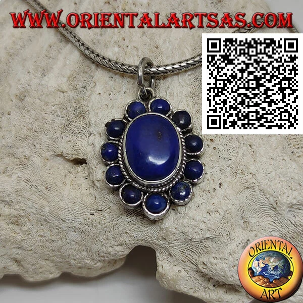 Ciondolo in argento 925‰a fiore con lapislazzuli ovale al centro e petali tondi - Immagine 1 di 1