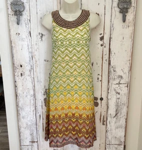Madison Leigh Size 8 Medium Woman's Yellow Green Brown Beaded Boho Hippie Dress - Picture 1 of 8