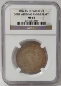 1892 DENMARK 2 KRONER 50TH WEDDING ANNIVERSARY NGC MS 64 - Picture 1 of 15